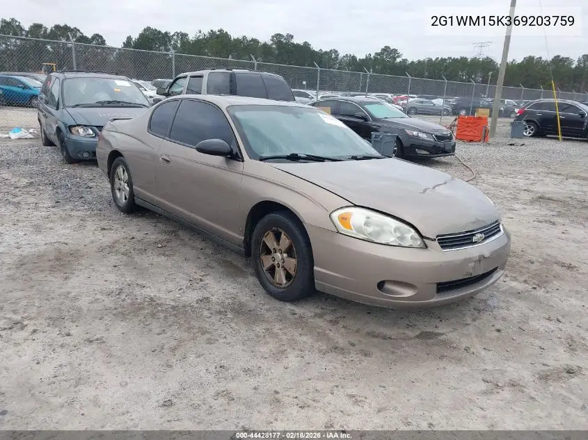 2G1WM15K369203759 2006 Chevrolet Monte Carlo Lt