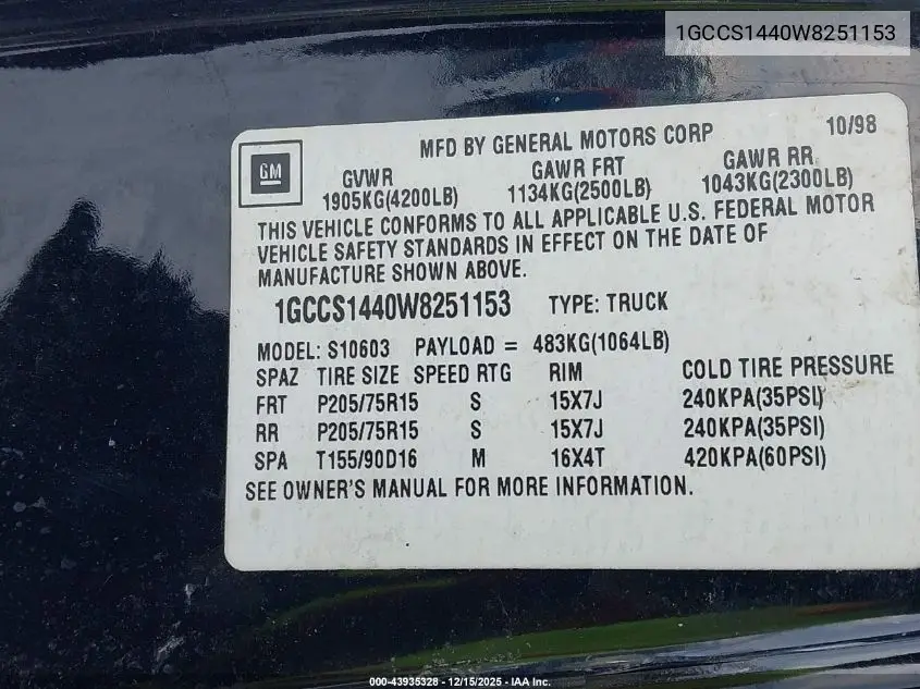 1GCCS1440W8251153 1998 Chevrolet S-10 Ls Fleetside