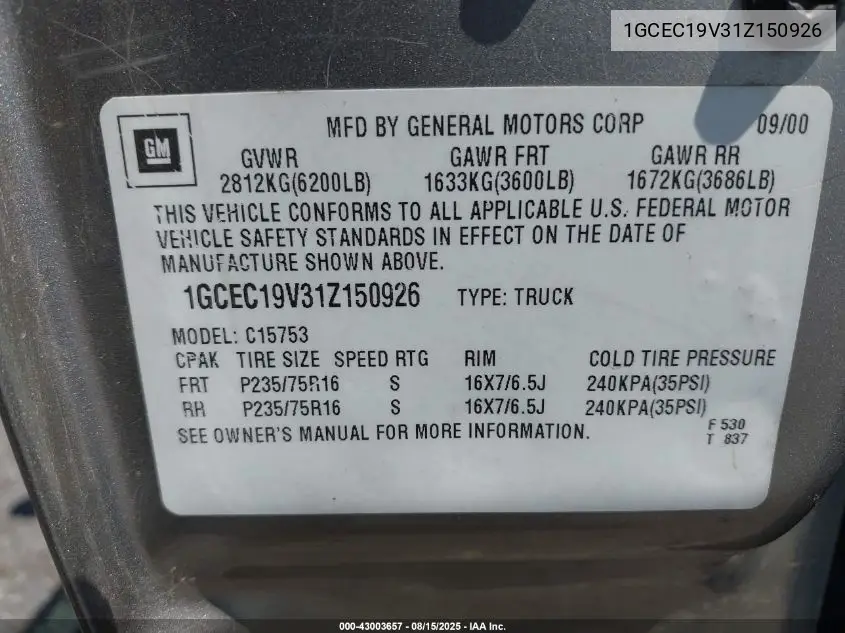 1GCEC19V31Z150926 2001 Chevrolet Silverado 1500 Ls