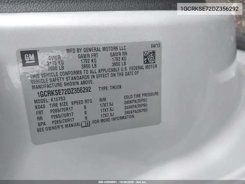 1GCRKSE72DZ356292 2013 Chevrolet Silverado 1500 Lt
