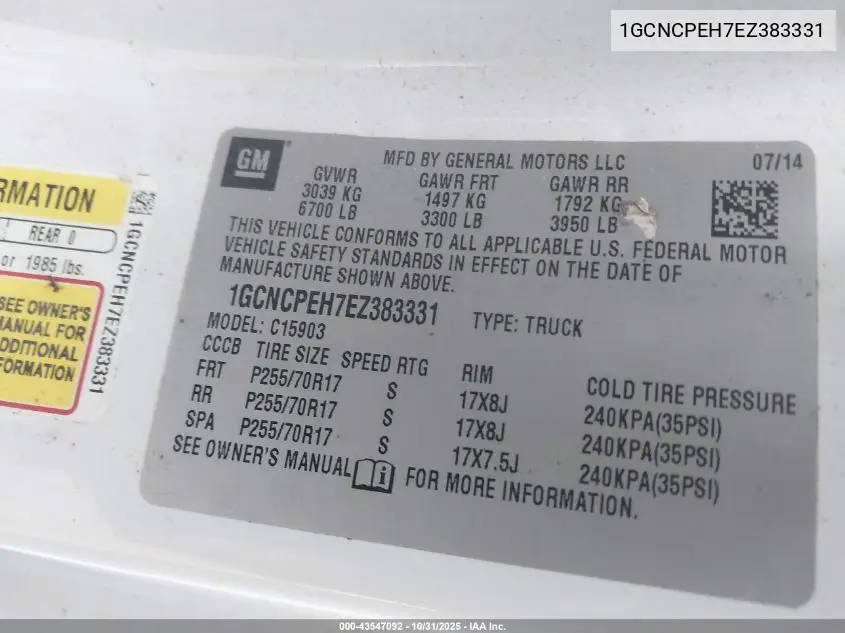 1GCNCPEH7EZ383331 2014 Chevrolet Silverado 1500 Work Truck 1Wt