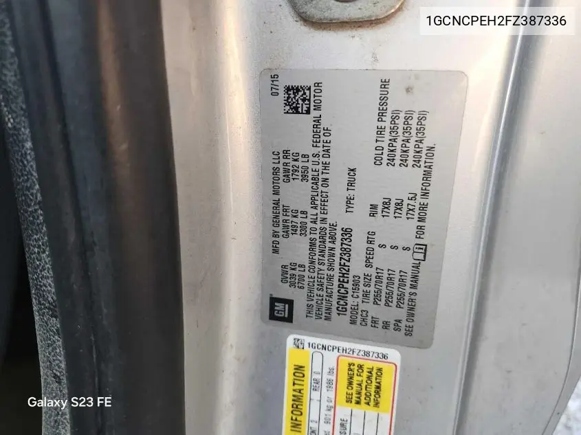 1GCNCPEH2FZ387336 2015 Chevrolet Silverado 1500 Wt