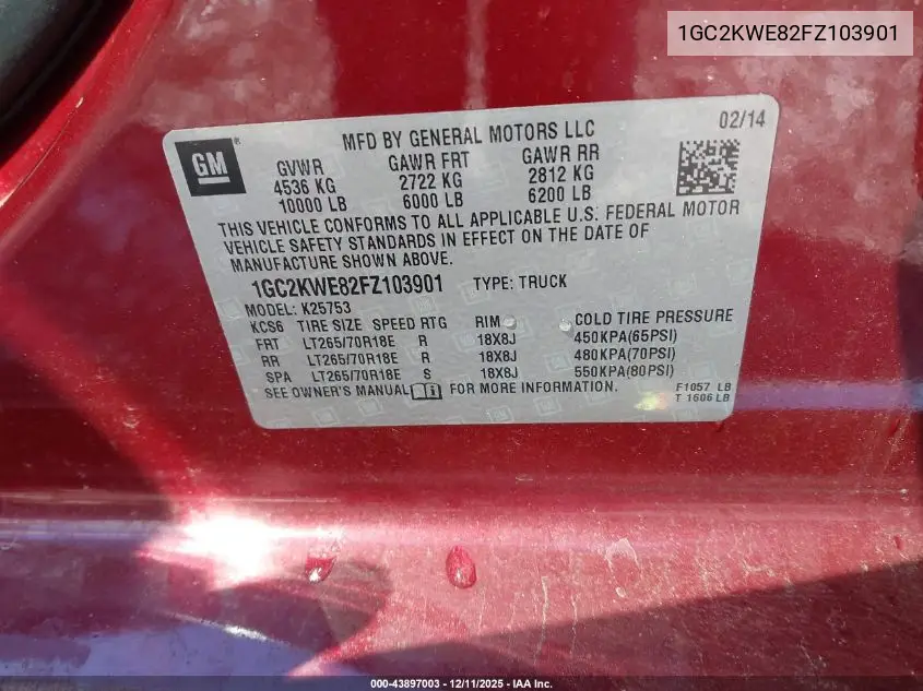 1GC2KWE82FZ103901 2015 Chevrolet Silverado 2500Hd Ltz