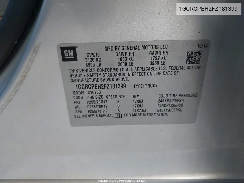 1GCRCPEH2FZ181399 2015 Chevrolet Silverado 1500 Ls