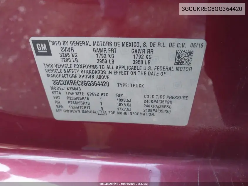 3GCUKREC8GG364420 2016 Chevrolet Silverado 1500 1Lt
