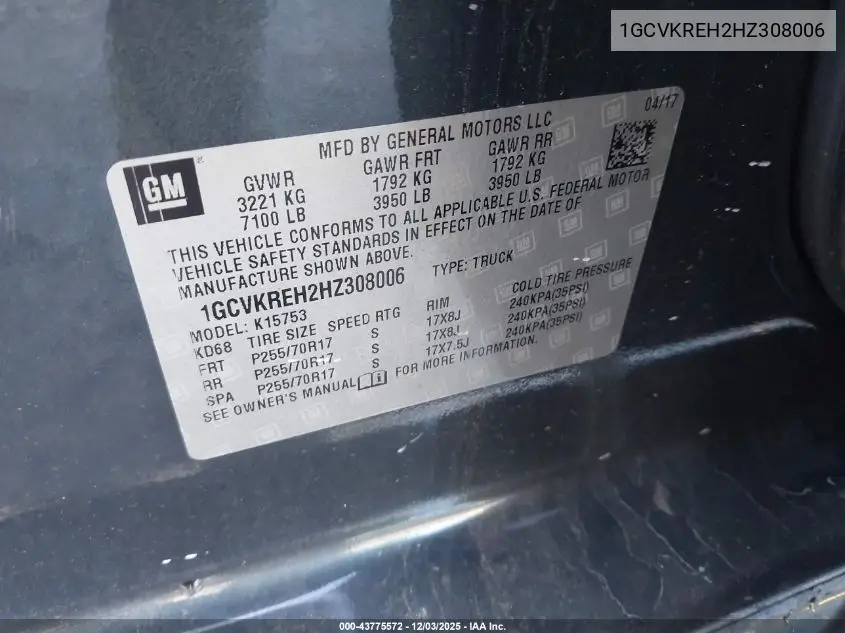 1GCVKREH2HZ308006 2017 Chevrolet Silverado 1500 1Lt