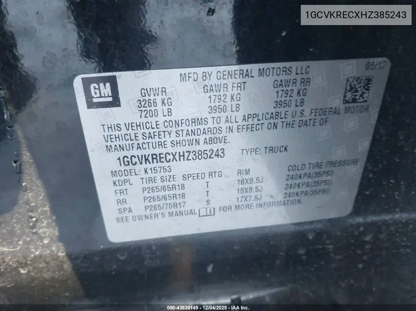 1GCVKRECXHZ385243 2017 Chevrolet Silverado 1500 2Lt