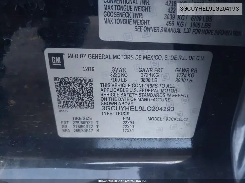 3GCUYHEL9LG204193 2020 Chevrolet Silverado 1500 4Wd Short Bed High Country