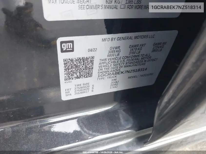 1GCRABEK7NZ518314 2022 Chevrolet Silverado 1500