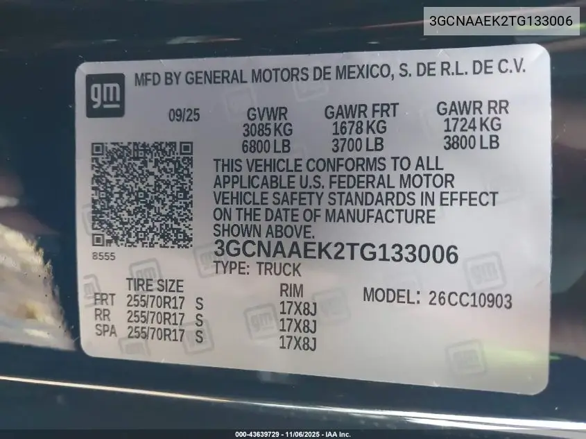 3GCNAAEK2TG133006 2026 Chevrolet Silverado 1500 2Wd Long Bed Wt