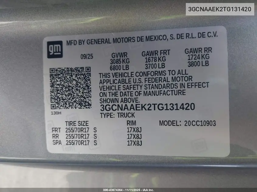 3GCNAAEK2TG131420 2026 Chevrolet Silverado 1500 2Wd Long Bed Wt