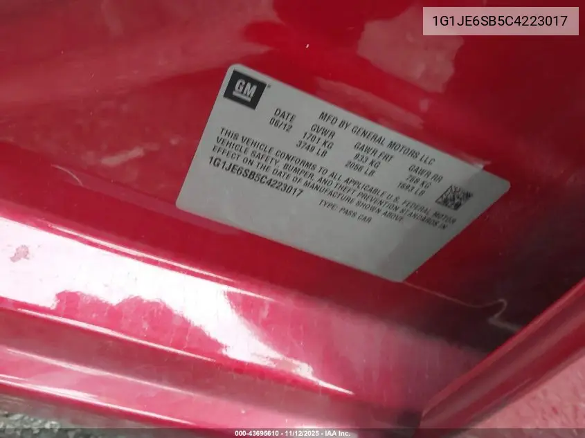 1G1JE6SB5C4223017 2012 Chevrolet Sonic 2Lz