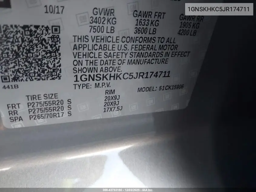 1GNSKHKC5JR174711 2018 Chevrolet Suburban Lt