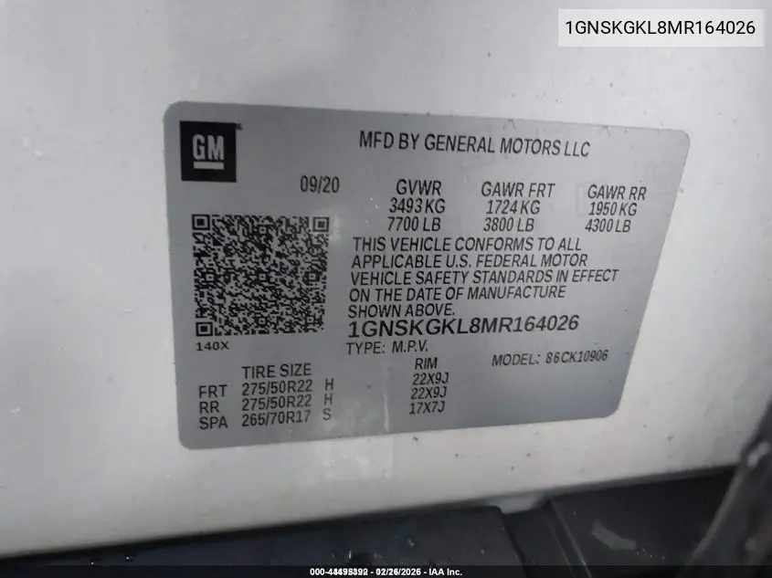 1GNSKGKL8MR164026 2021 Chevrolet Suburban 4Wd High Country
