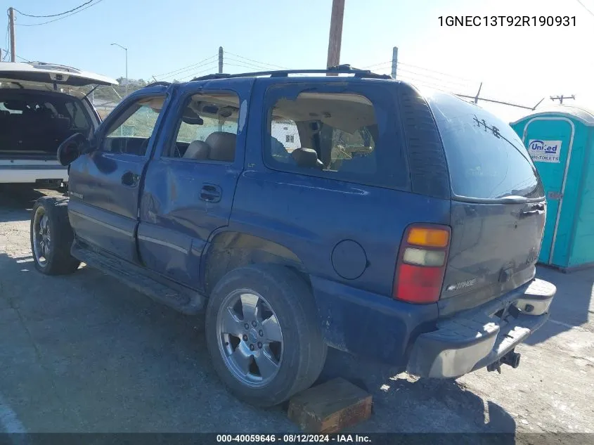 2002 Chevrolet Tahoe Lt VIN: 1GNEC13T92R190931 Lot: 40059646