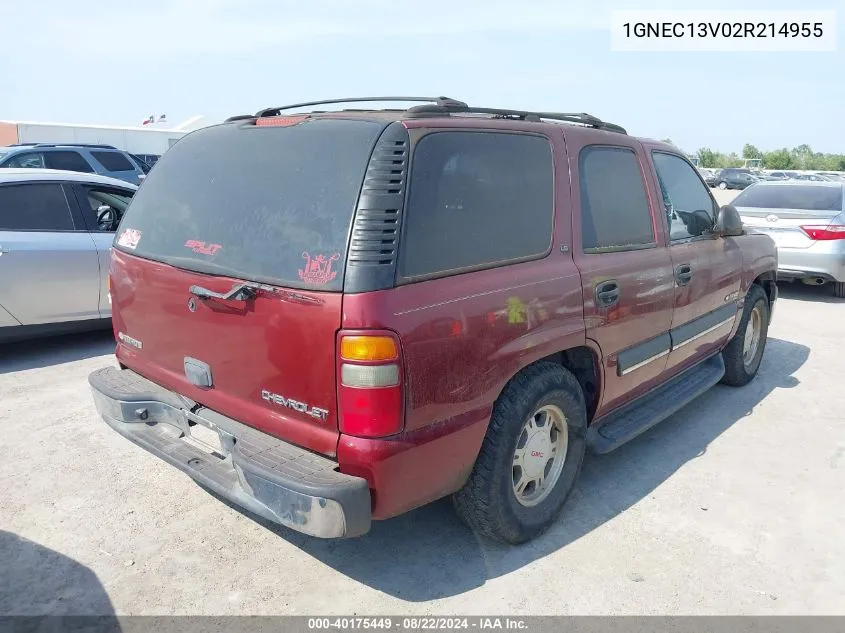 2002 Chevrolet Tahoe Ls VIN: 1GNEC13V02R214955 Lot: 40175449