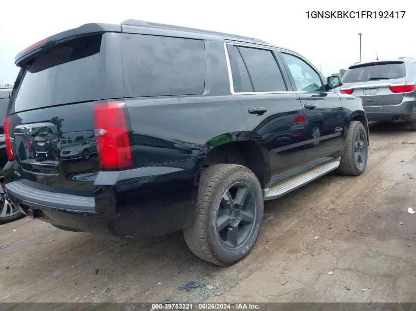 2015 Chevrolet Tahoe Lt VIN: 1GNSKBKC1FR192417 Lot: 39753221