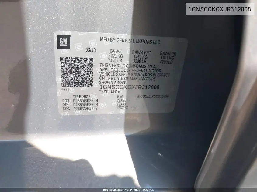 1GNSCCKCXJR312808 2018 Chevrolet Tahoe Premier