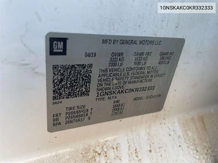1GNSKAKC0KR332333 2019 Chevrolet Tahoe Ls