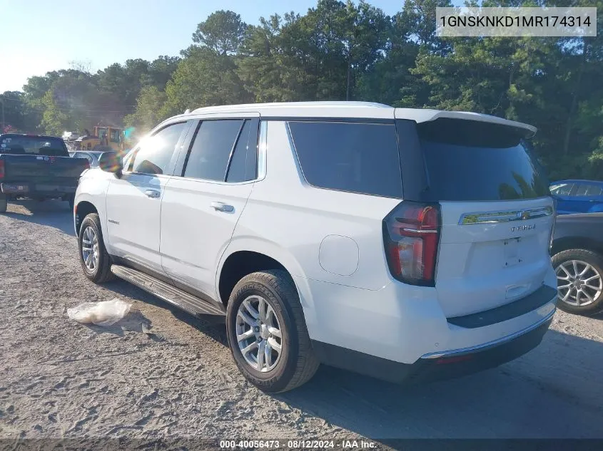 2021 Chevrolet Tahoe K1500 Lt VIN: 1GNSKNKD1MR174314 Lot: 40056473