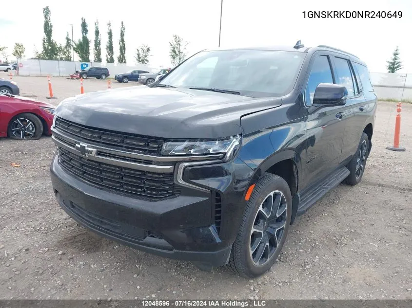 2022 Chevrolet Tahoe VIN: 1GNSKRKD0NR240649 Lot: 12048596