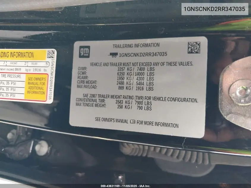 1GNSCNKD2RR347035 2024 Chevrolet Tahoe Lt
