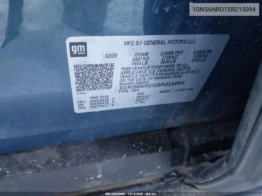 1GNS6NRD1SR215094 2025 Chevrolet Tahoe 4Wd Lt