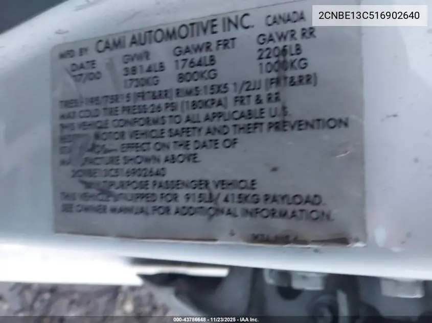 2CNBE13C516902640 2001 Chevrolet Tracker Hard Top Base