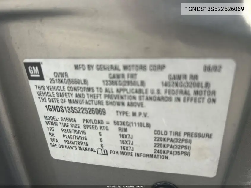 1GNDS13S522526069 2002 Chevrolet Trailblazer Ls