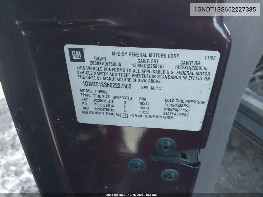 1GNDT13S662227385 2006 Chevrolet Trailblazer Ls