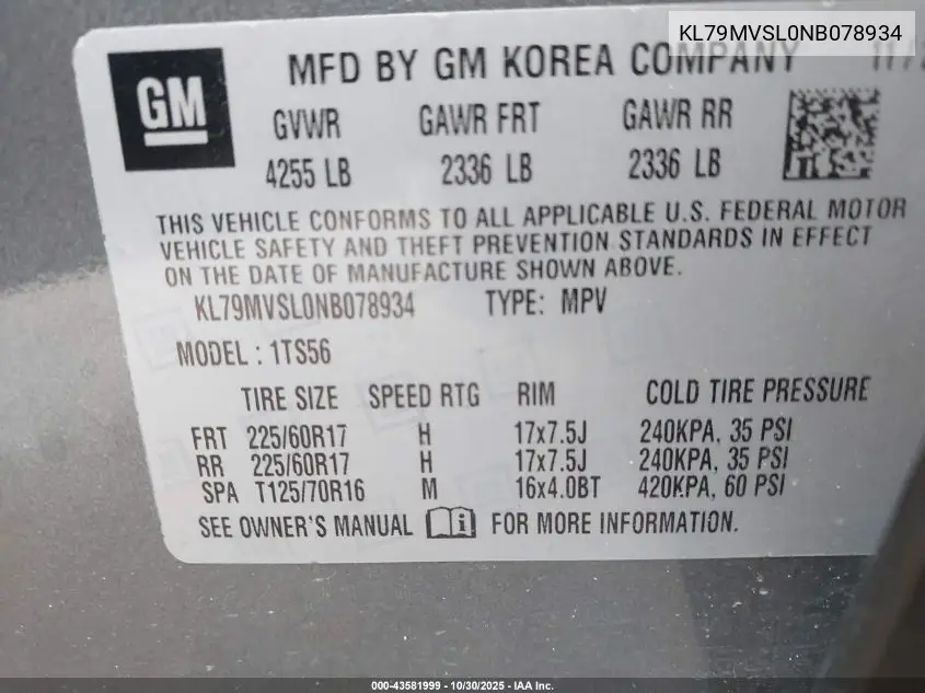 KL79MVSL0NB078934 2022 Chevrolet Trailblazer Fwd Activ