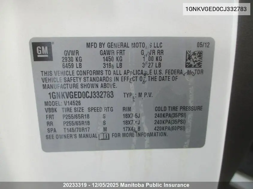 1GNKVGED0CJ332783 2012 Chevrolet Traverse Lt