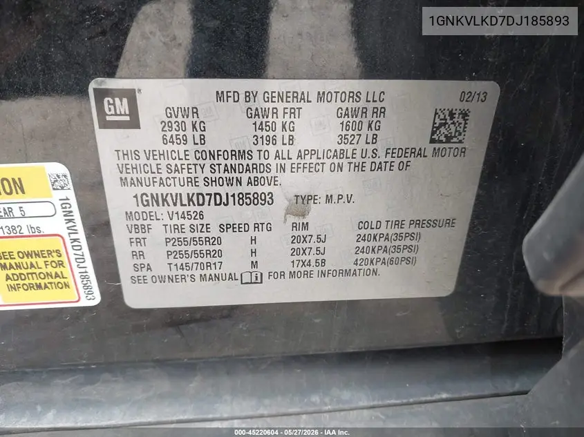 1GNKVLKD7DJ185893 2013 Chevrolet Traverse Ltz