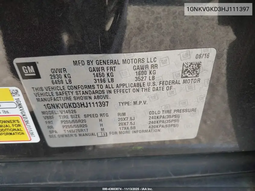 1GNKVGKD3HJ111397 2017 Chevrolet Traverse 1Lt