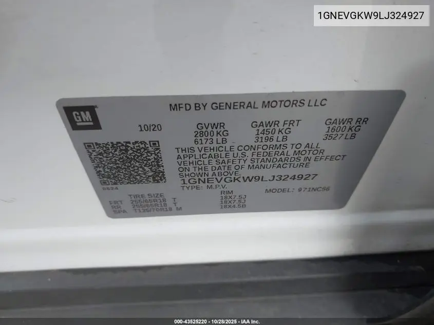 1GNEVGKW9LJ324927 2020 Chevrolet Traverse Awd Lt Cloth