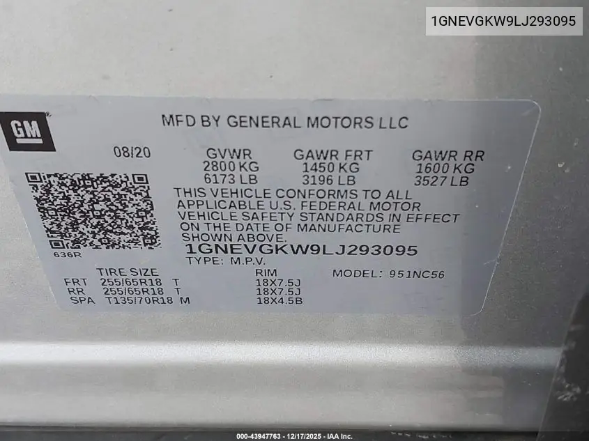 1GNEVGKW9LJ293095 2020 Chevrolet Traverse Awd Lt Cloth