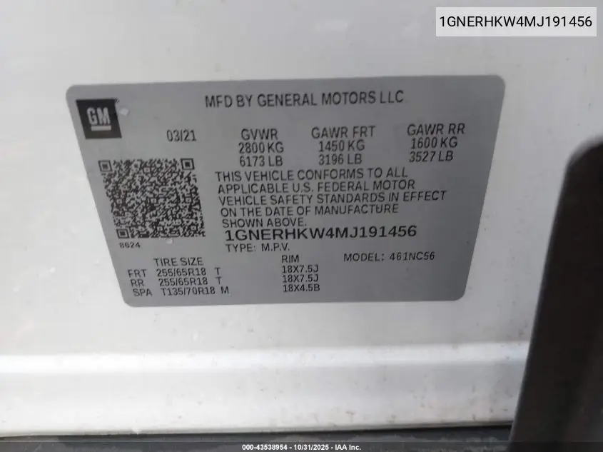 1GNERHKW4MJ191456 2021 Chevrolet Traverse Fwd Lt Leather