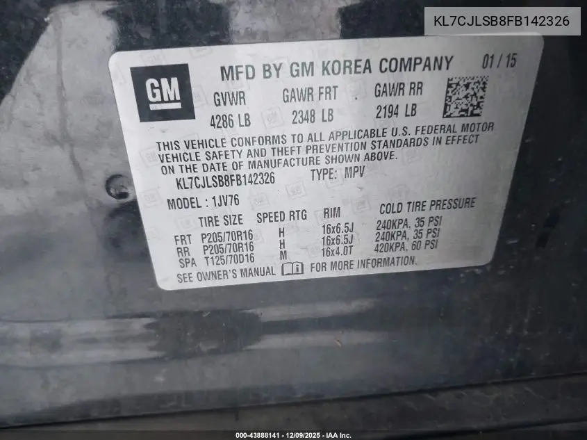 KL7CJLSB8FB142326 2015 Chevrolet Trax Lt