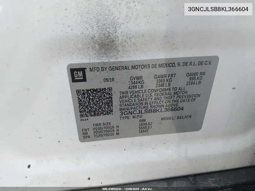 3GNCJLSB8KL366604 2019 Chevrolet Trax 1Lt