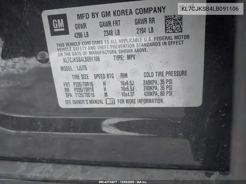 KL7CJKSB4LB091106 2020 Chevrolet Trax Fwd Ls