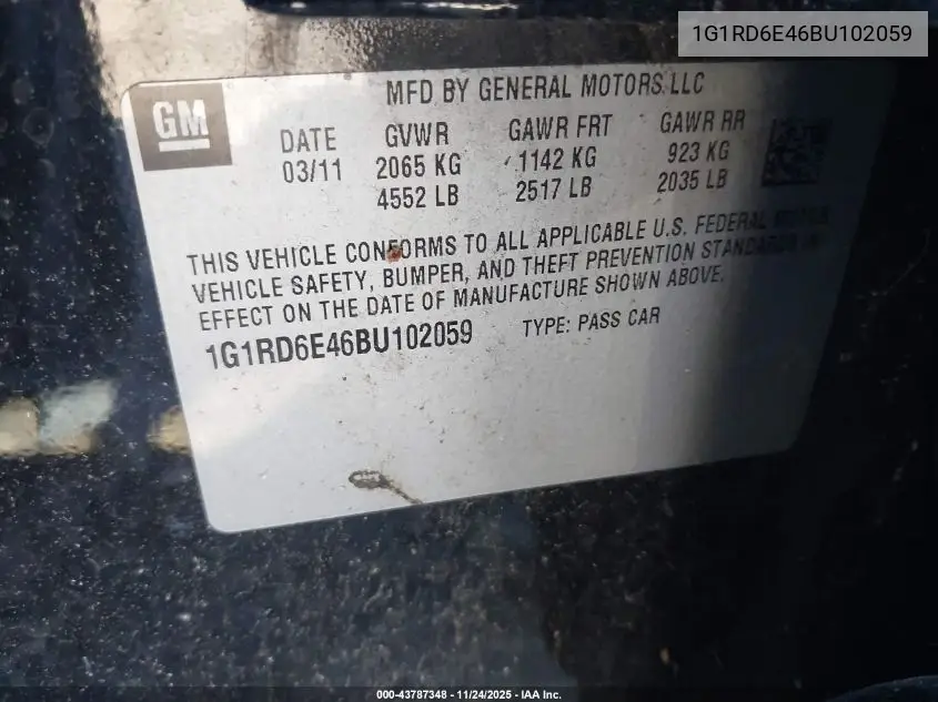 1G1RD6E46BU102059 2011 Chevrolet Volt