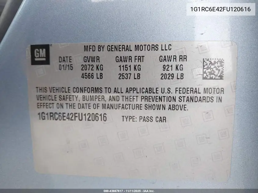 1G1RC6E42FU120616 2015 Chevrolet Volt