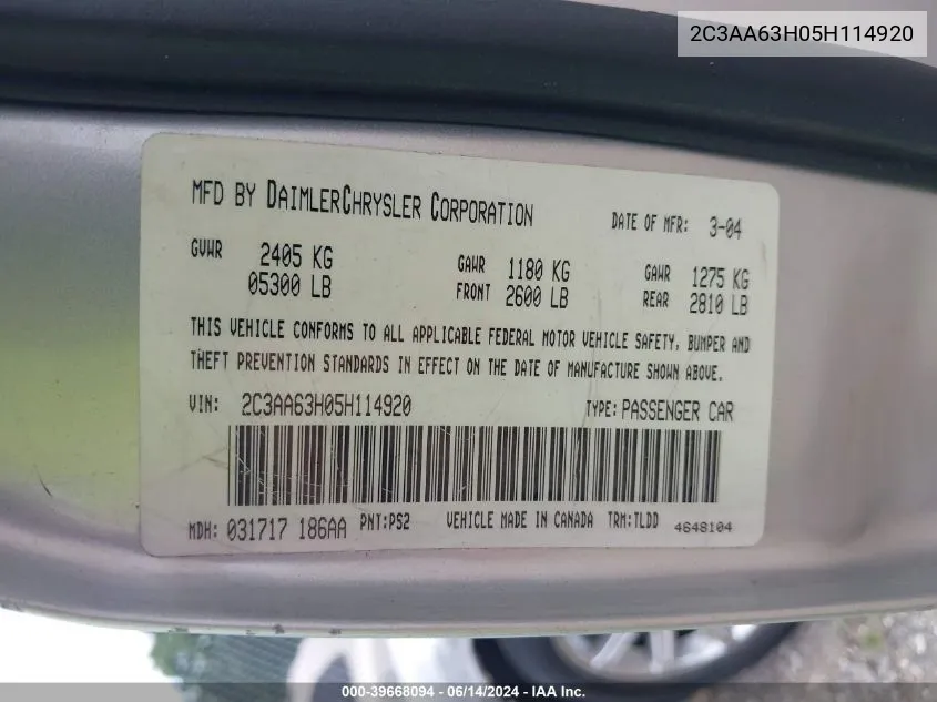 2C3AA63H05H114920 2005 Chrysler 300C