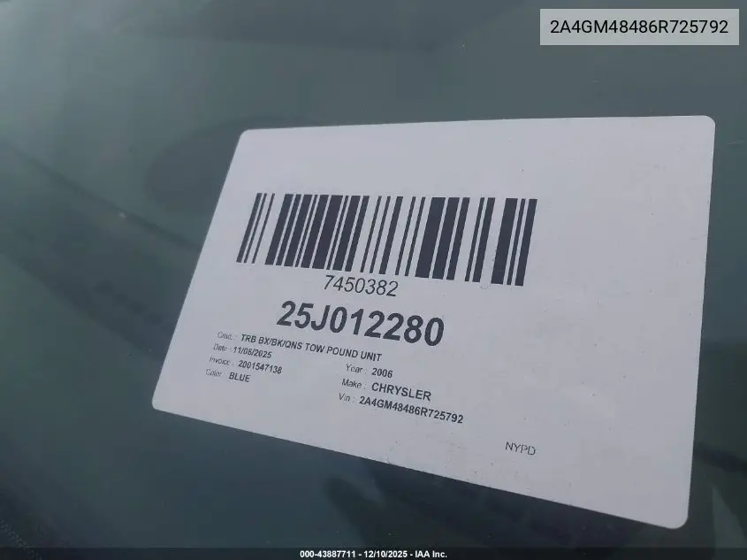 2A4GM48486R725792 2006 Chrysler Pacifica