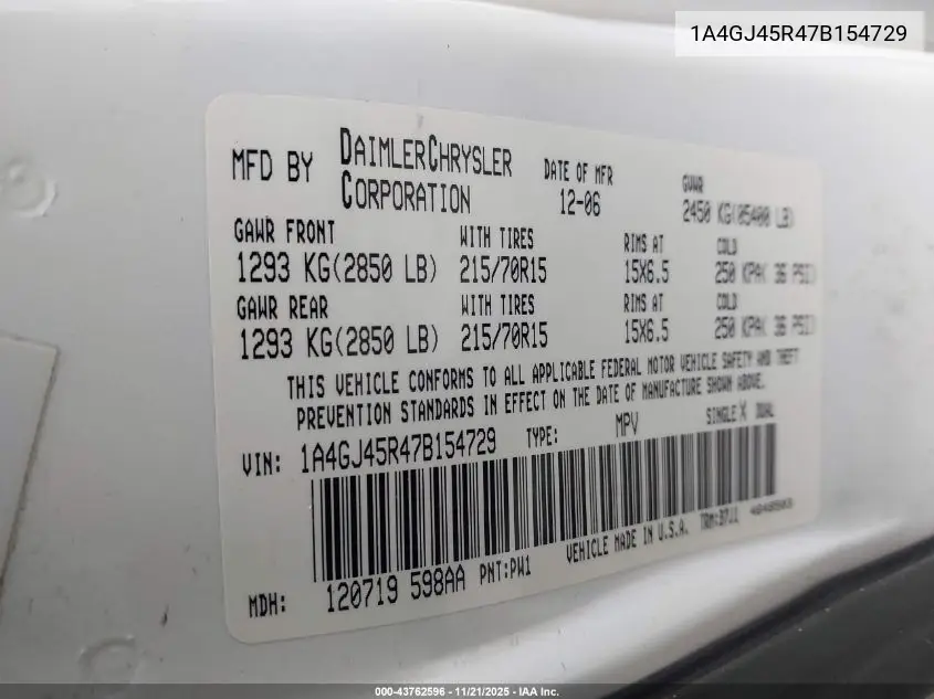 1A4GJ45R47B154729 2007 Chrysler Town & Country