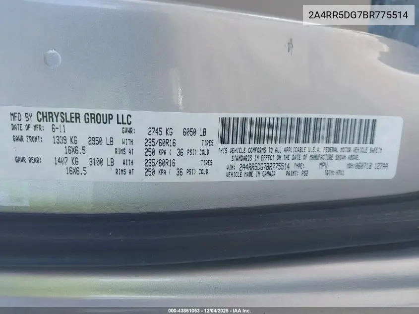 2A4RR5DG7BR775514 2011 Chrysler Town & Country Touring