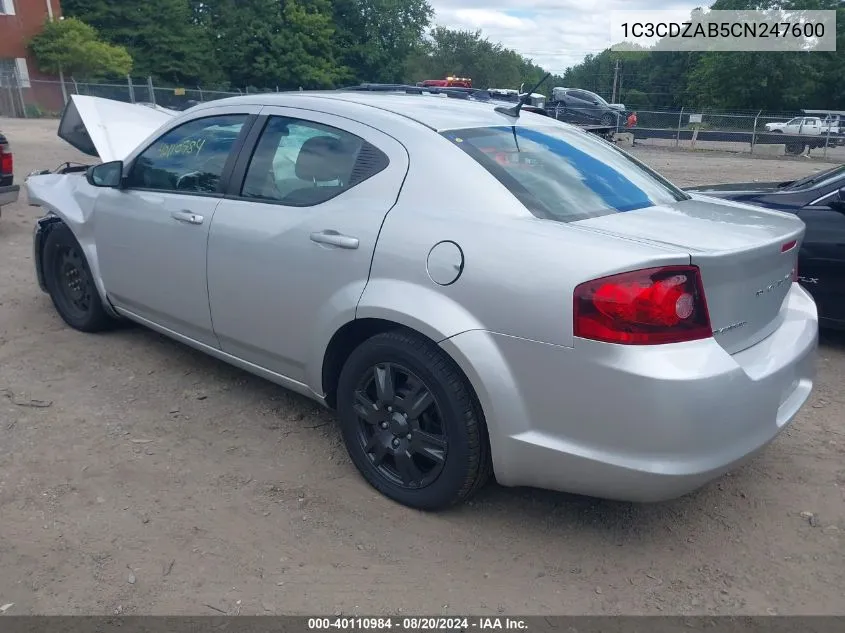 2012 Dodge Avenger Se VIN: 1C3CDZAB5CN247600 Lot: 40110984