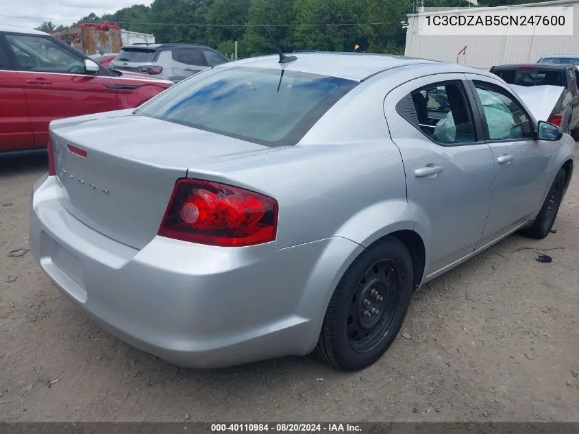 2012 Dodge Avenger Se VIN: 1C3CDZAB5CN247600 Lot: 40110984