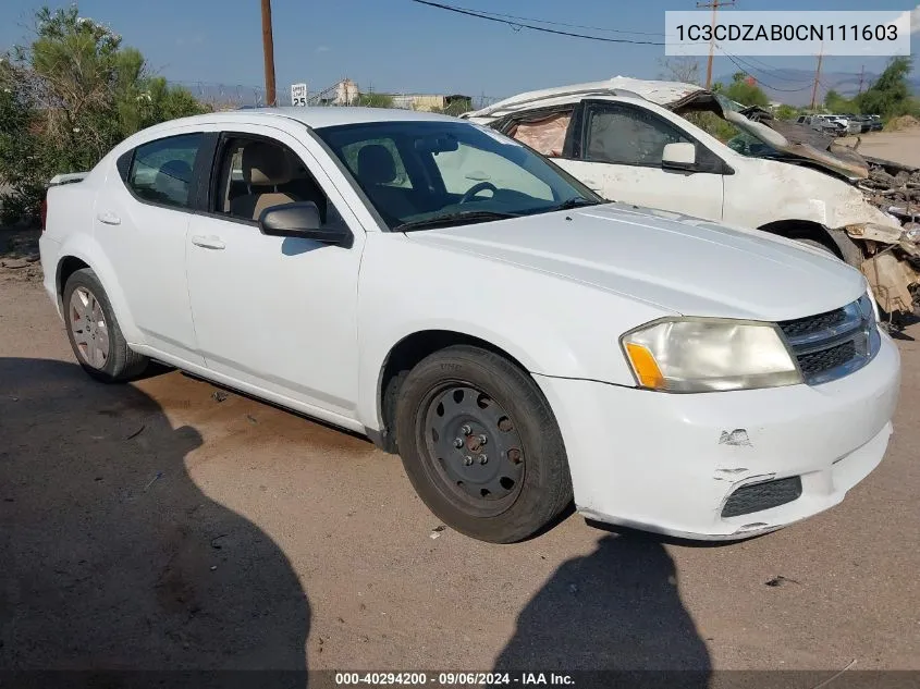 2012 Dodge Avenger Se VIN: 1C3CDZAB0CN111603 Lot: 40294200