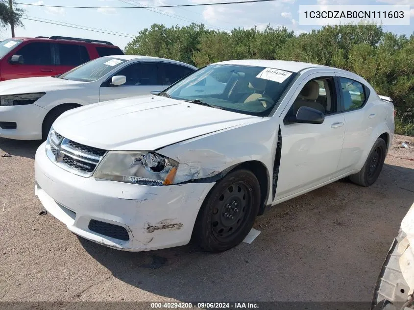 2012 Dodge Avenger Se VIN: 1C3CDZAB0CN111603 Lot: 40294200